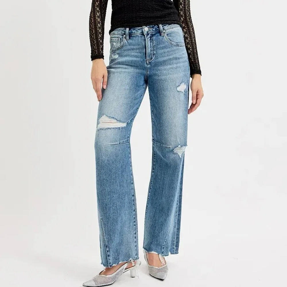 RISEN Full Size‎ Mid Rise Fit Wide Baggy Leg Tie Washed Jeans Plus Size